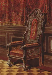 Entwurf eines Sessels für das Wohnzimmer im mittelalterlichen Stil im Anichkov-Palast